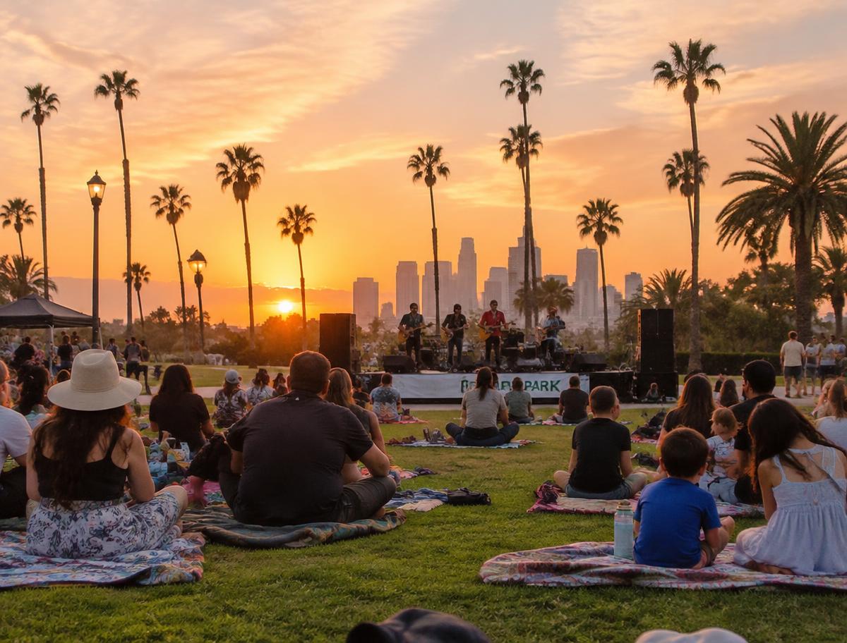 Audience gathering on the lawn for a small outdoor performance