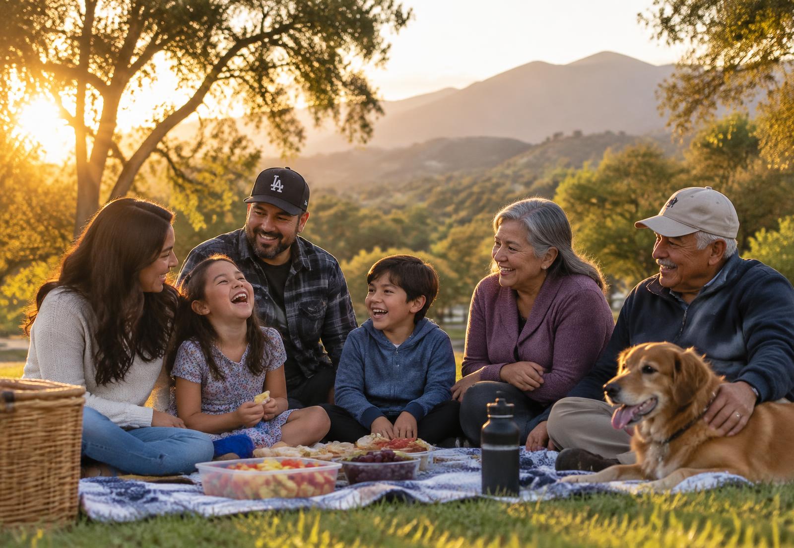 Friends sharing food on a blanket and picnic table in a spacious park