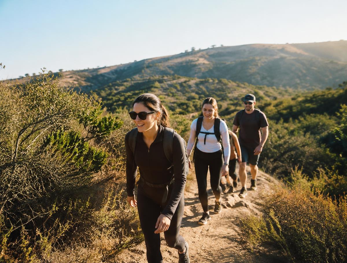 Hikers following an open Southern California hillside trail
