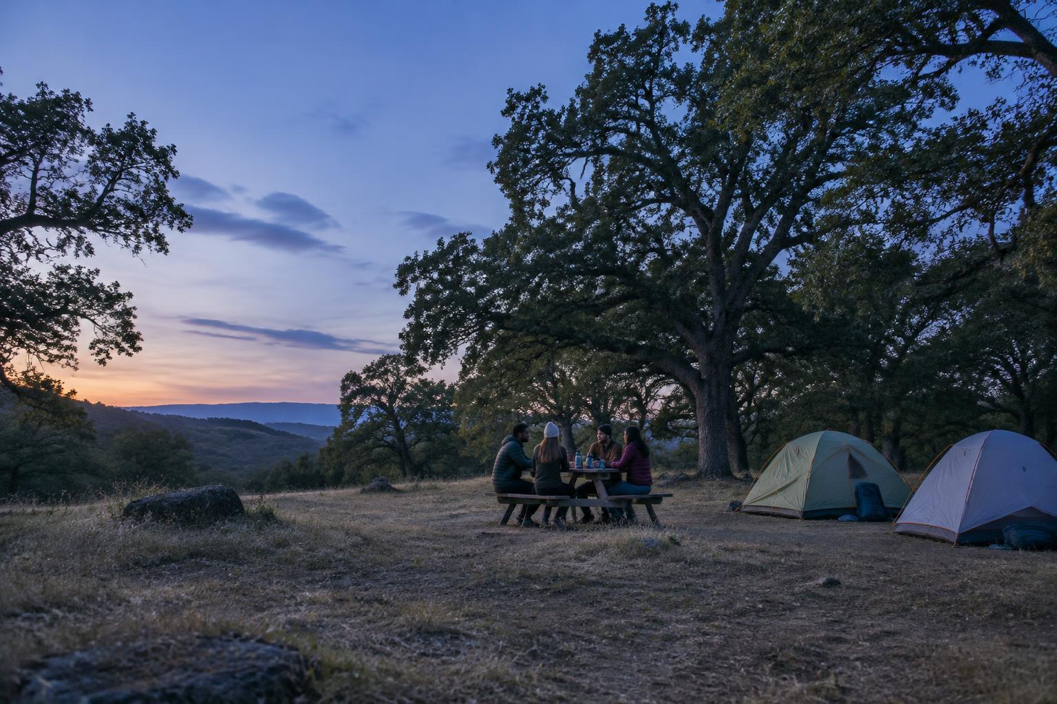 Friends together at a woodland picnic table beside tents at blue hour