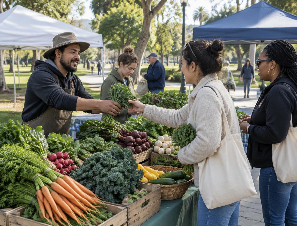 Vendor handing fresh vegetables to a shopper at a park market