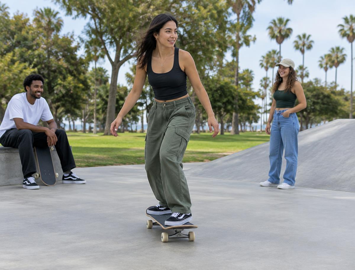 Skateboarder rolling through a tree-lined skatepark with friends