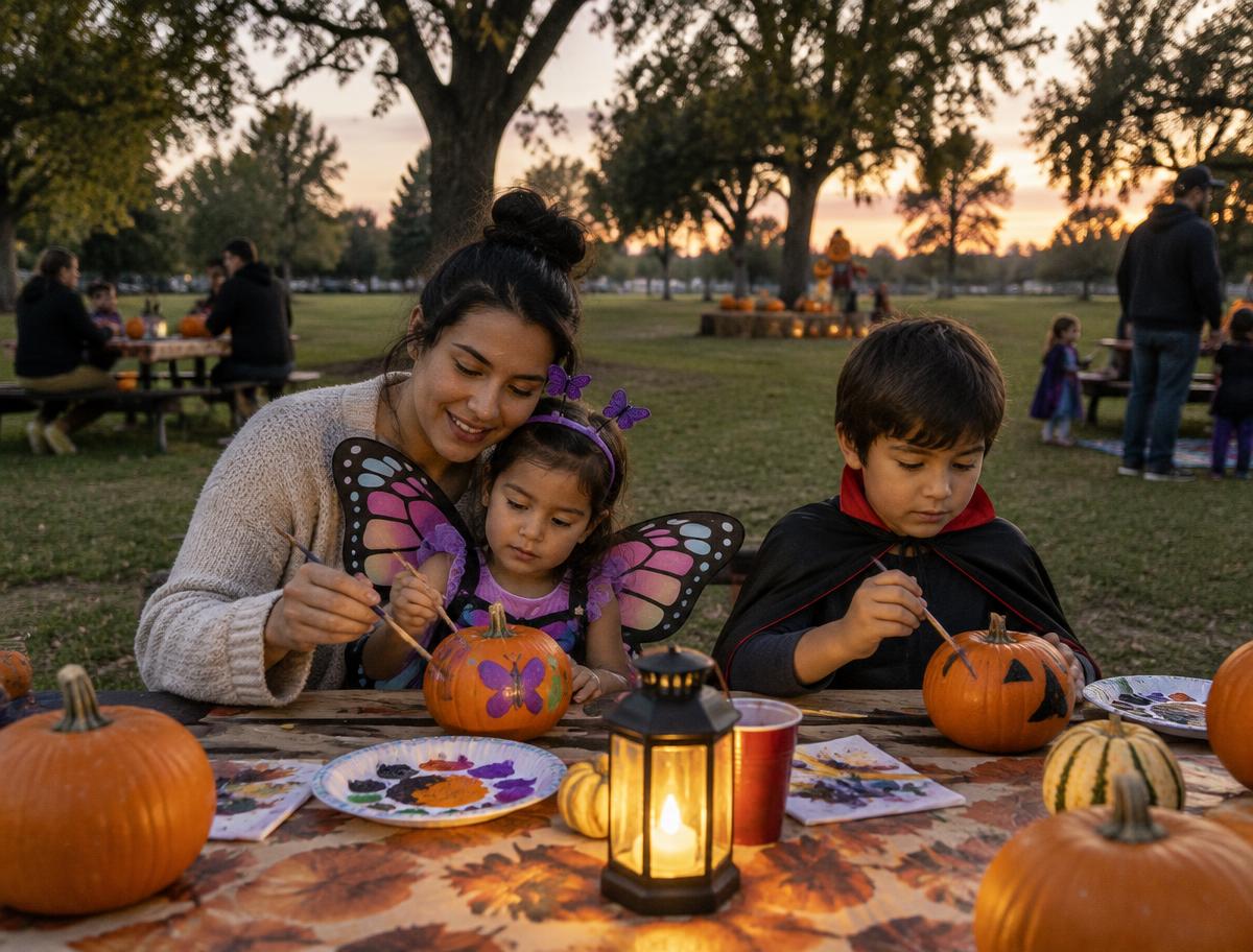 Parent and costumed children painting pumpkins beneath park trees